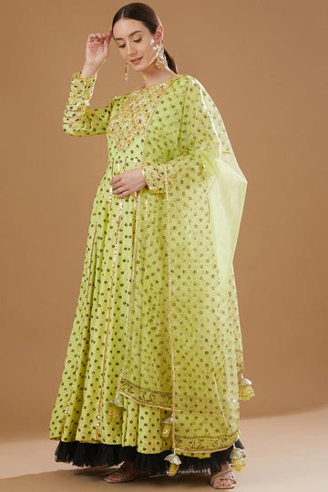 Neon Green Handblock Anarkali Set