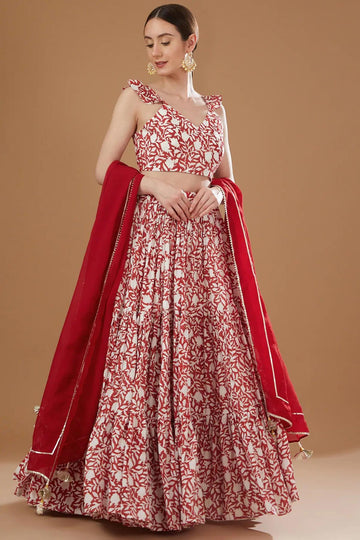 Ivory & Red Block Print Lehenga Set