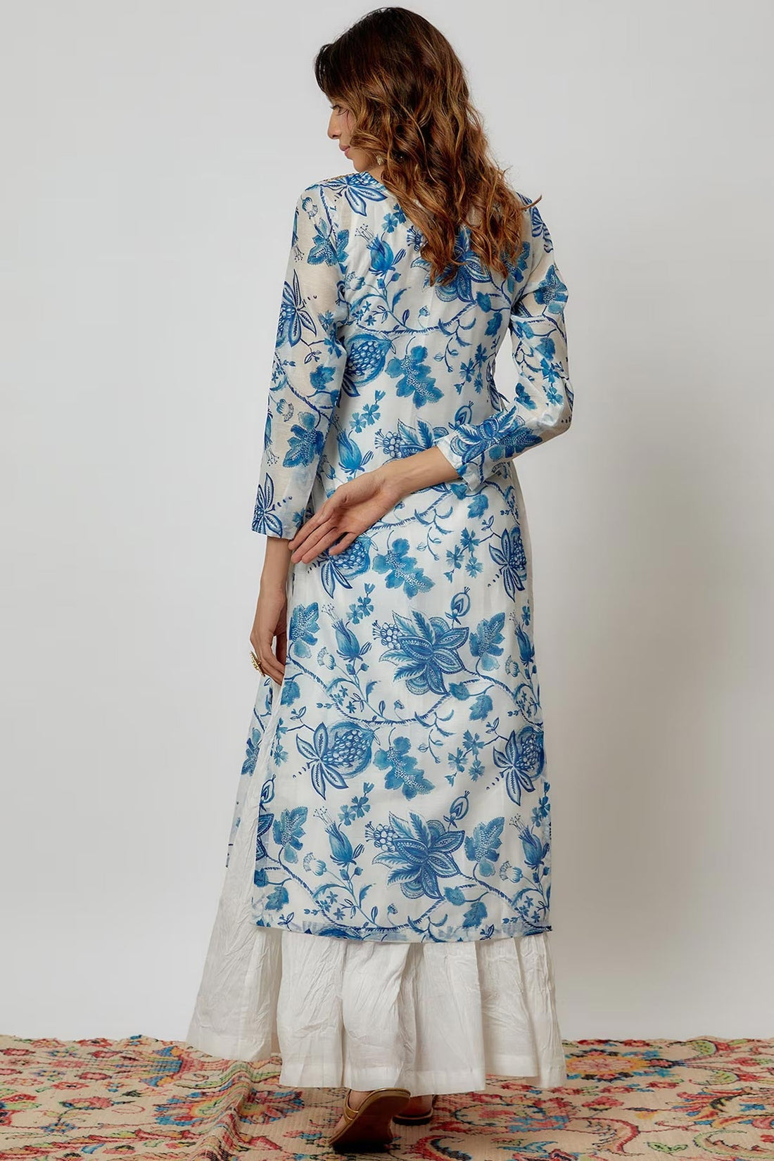 Ivory & Blue Printed Chanderi Kurta Set