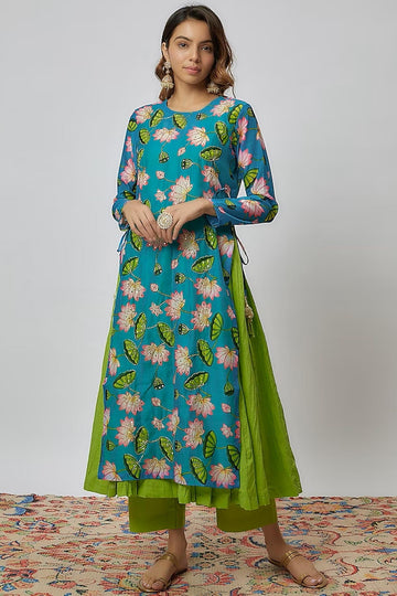 Parrot Green Printed Chanderi Kurta Set