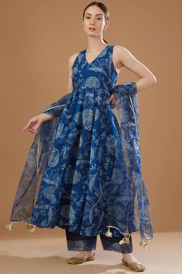Royal Blue Chanderi Anarkali Set