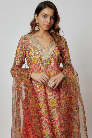 Multi Colored Printed Chanderi Kurta Set