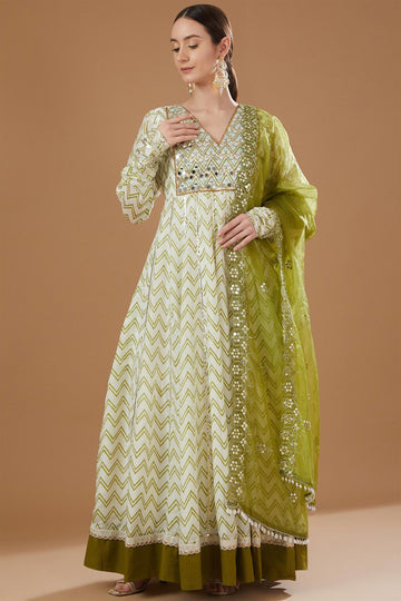 Green Chevron Mirror Anarkali set