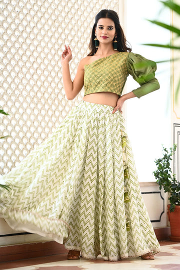 Green Skirt & One Shoulder Top Set