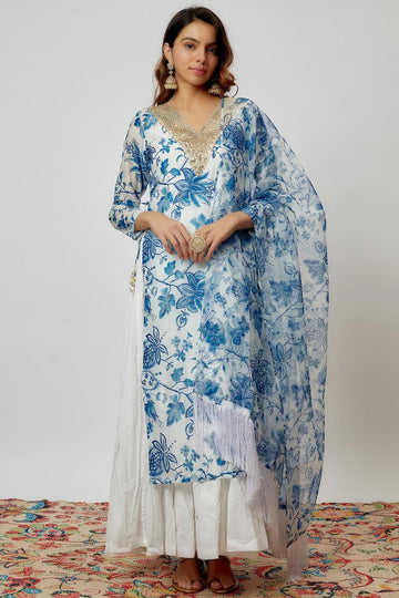 Ivory & Blue Printed Chanderi Kurta Set