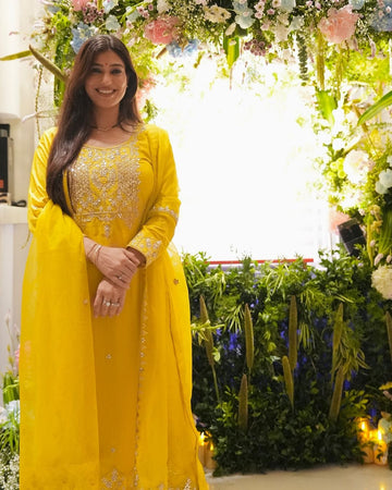 Neha Swami Bijlani Golden Yellow Silk Gota Patti Hand Embroidered Kurta Set