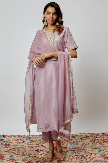 Mauve Hand Embroidered Kurta Set
