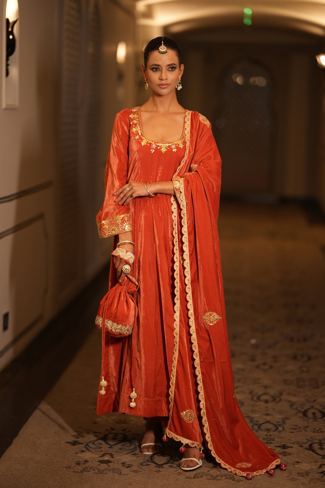 Hand Embroidered Peach Flared Sleeves Velvet Anarkali Set