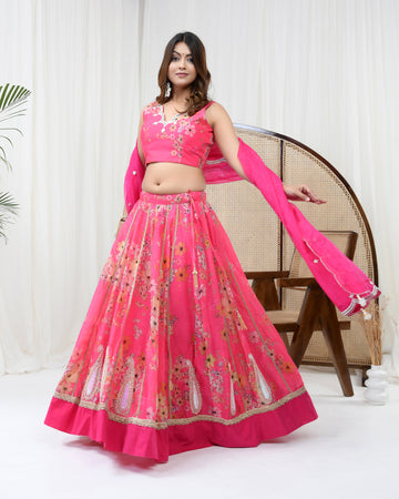 Hot Pink Chanderi Lehenga Set
