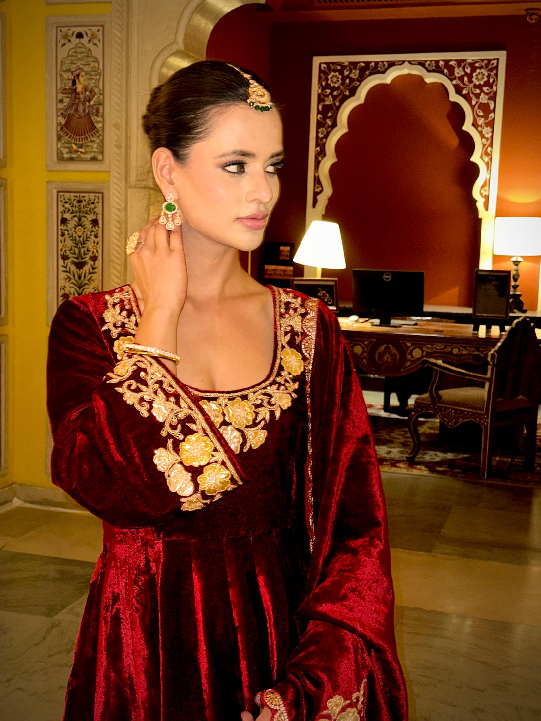 Hand Embroidered Maroon Flared sleeves Velvet Anarkali Set