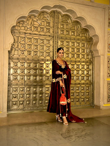 Hand Embroidered Maroon Flared sleeves Velvet Anarkali Set