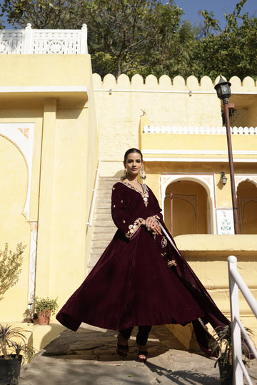 Hand Embroidered wine colour Flared sleeves Velvet Anarkali set