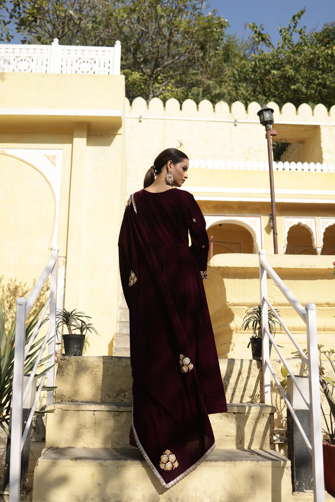 Hand Embroidered wine colour Flared sleeves Velvet Anarkali set