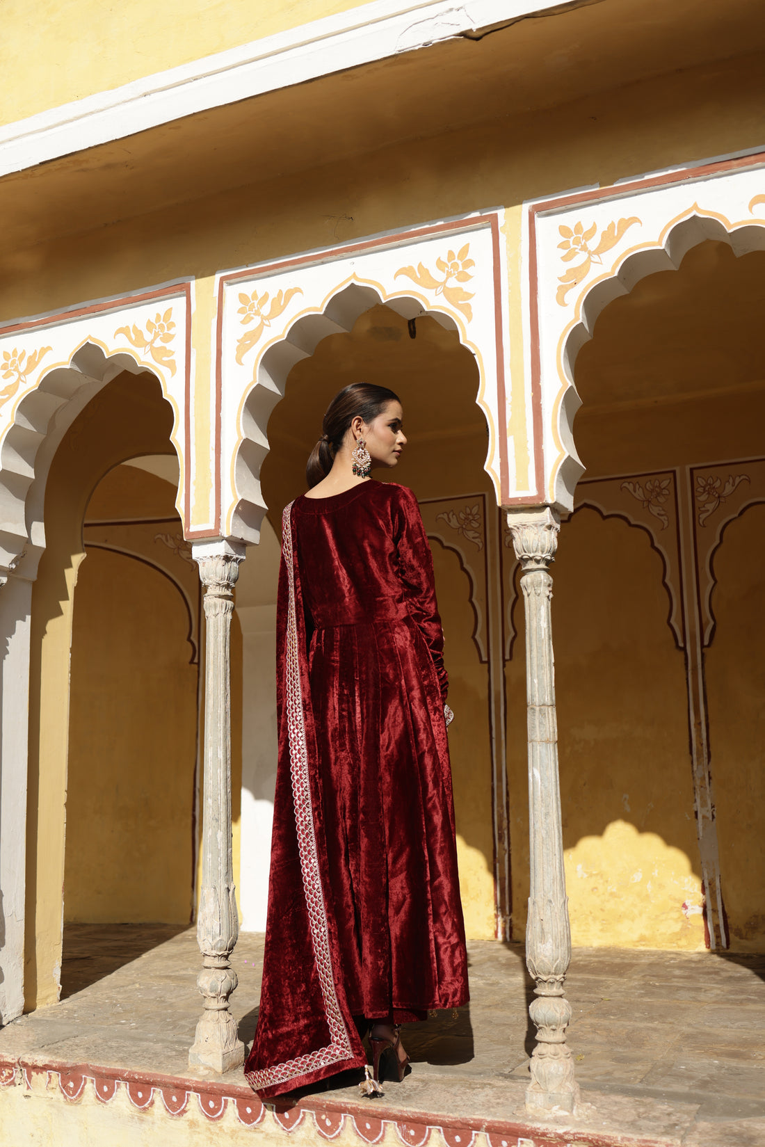 Maroon Churidaar sleeves Velvet Anarkali set