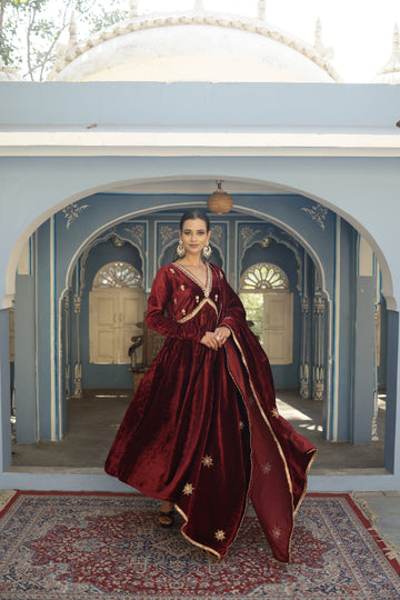 Hand Embroidered wine colour Churidaar sleeves Velvet Anarkali set
