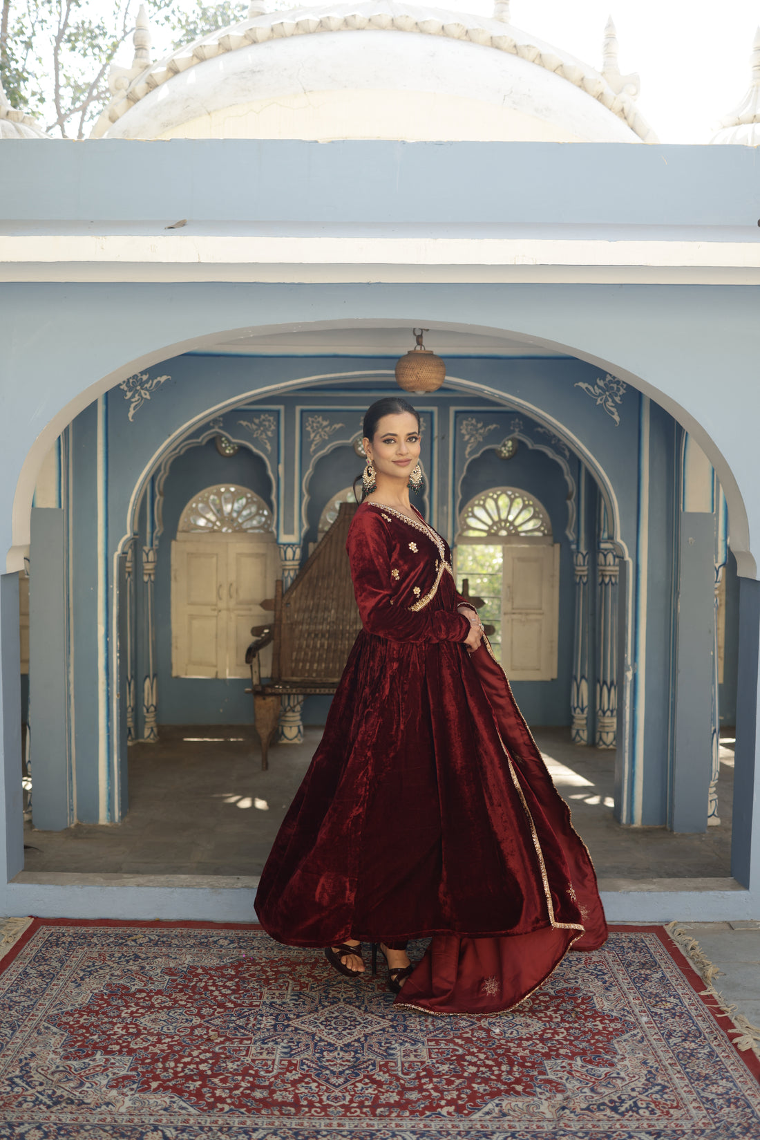 Hand Embroidered wine colour Churidaar sleeves Velvet Anarkali set