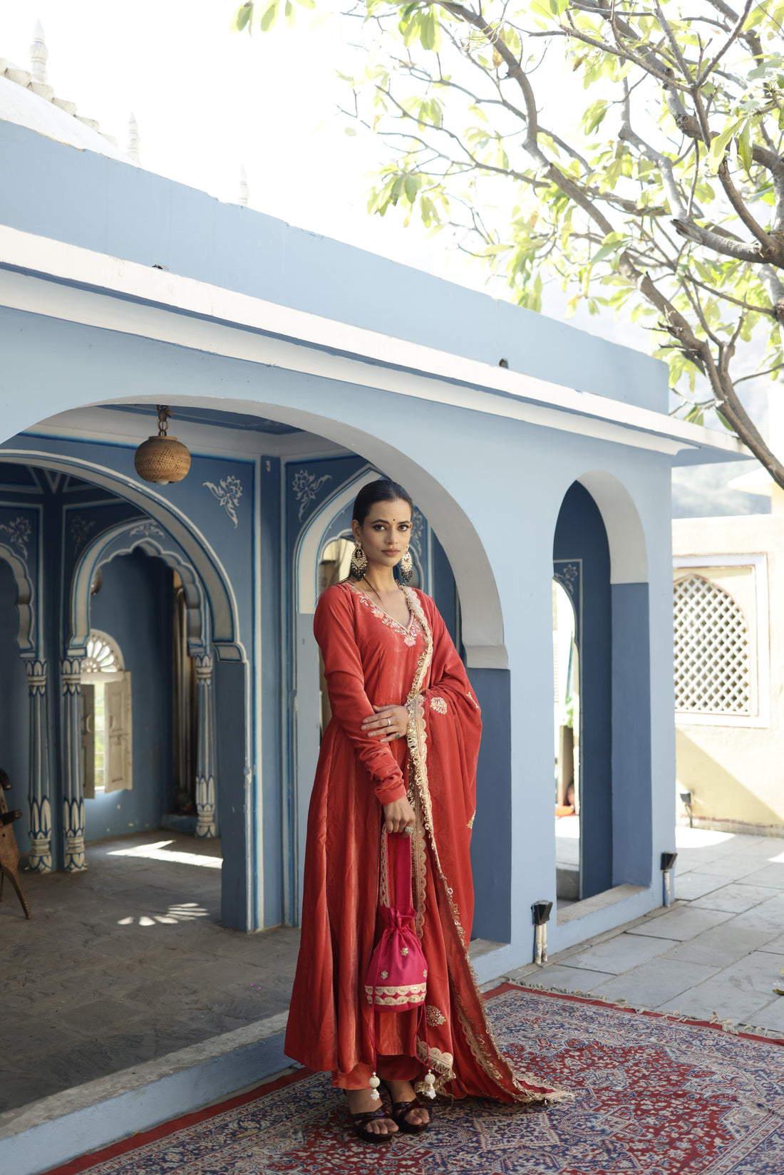 Hand Embroidered Peach Churidaar sleeves Velvet Anarkali Set