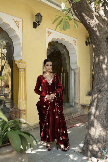 Hand Embroidered Maroon Churidaar sleeves Velvet Anarkali set