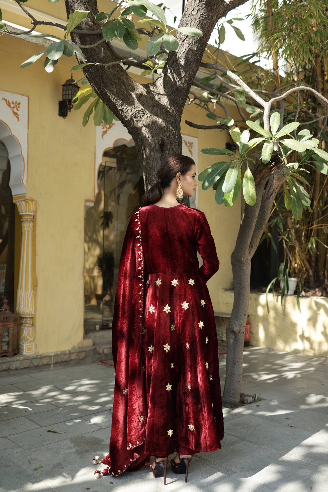 Hand Embroidered Maroon Churidaar sleeves Velvet Anarkali set