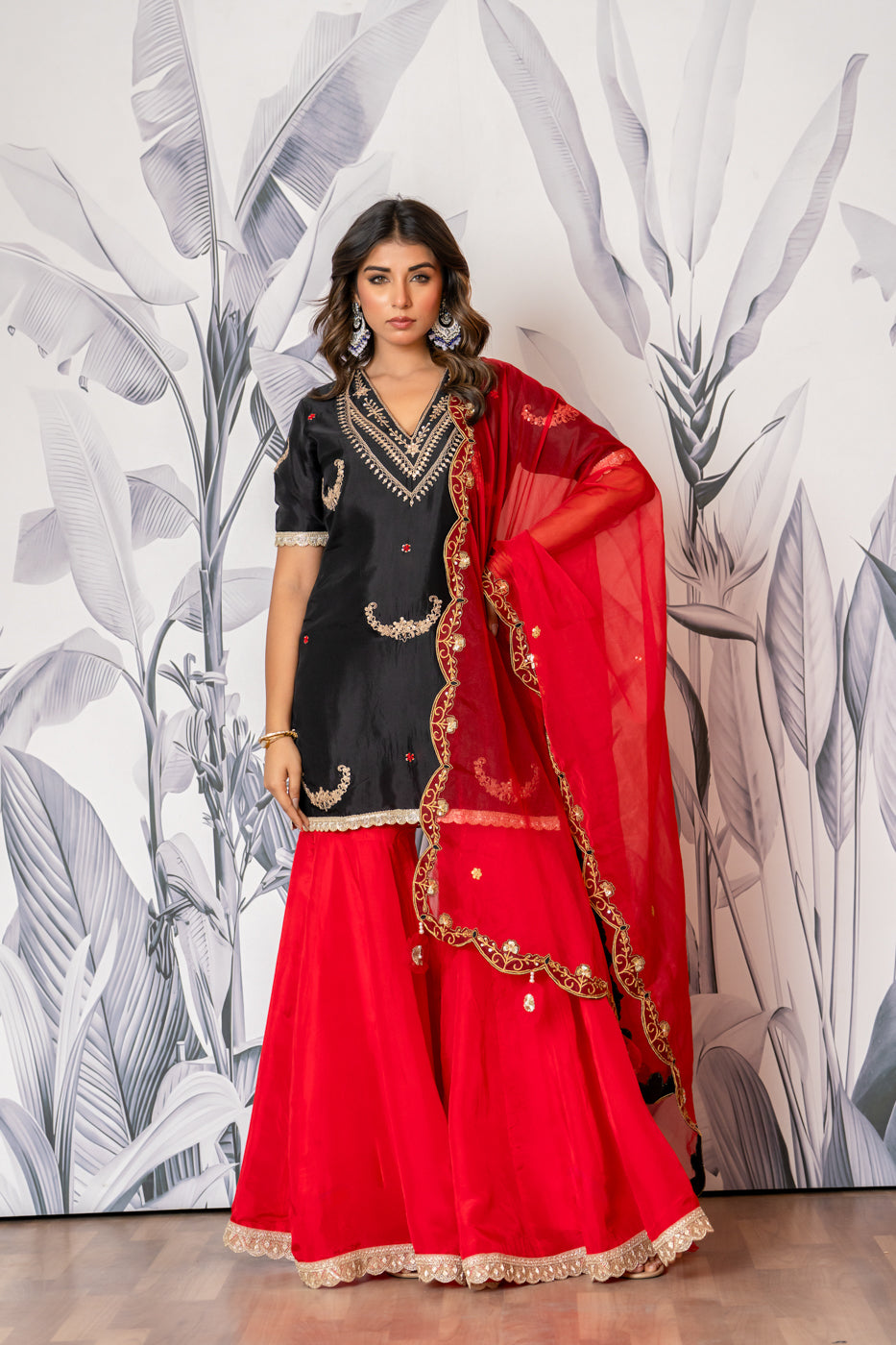 Black & Red Pure Spun Silk Marodi Embroidered Sharara Set
