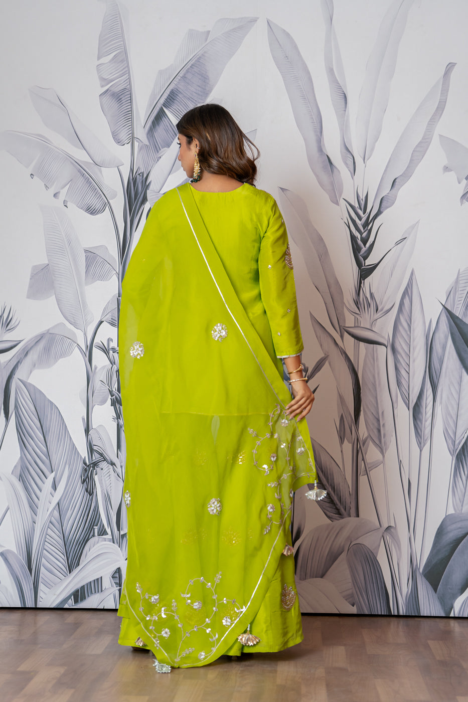 Neon Green Pure Spun Silk Marodi Embroidered Sharara Set