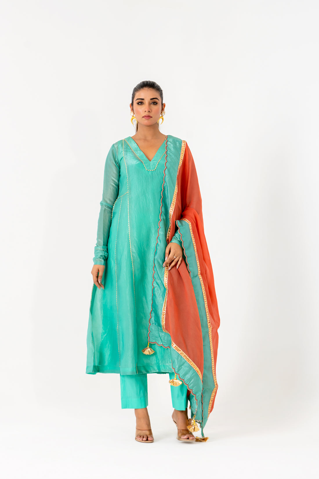Turquoise Crunchi Silk Kurta set