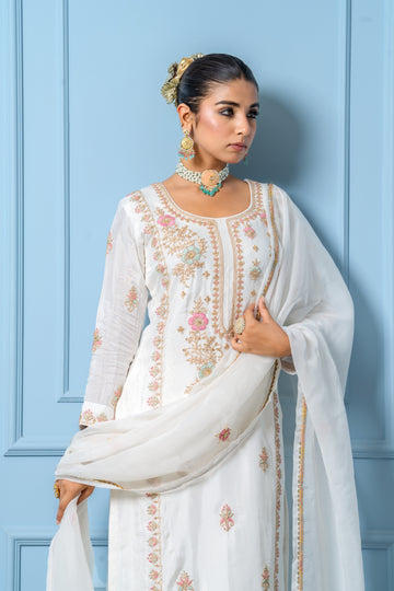 Ivory Pure Spun Silk Hand Embroidered Kurta Set