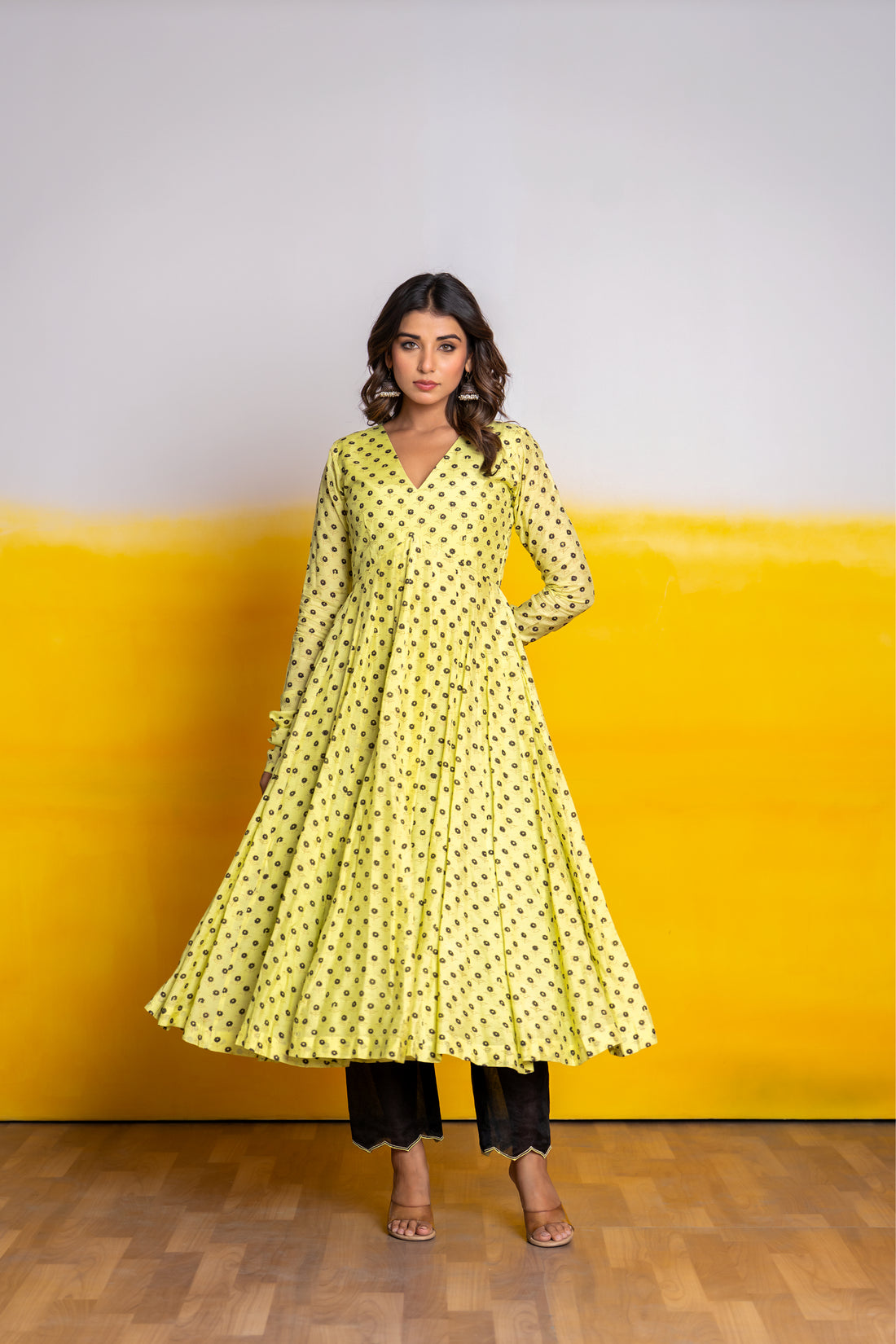 Neon Green Pure muslin handblock Printed Anarkali Set