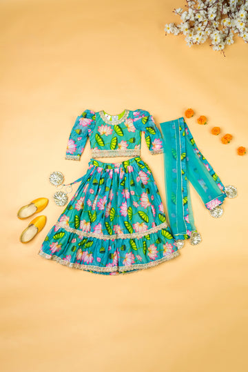 Green Lotus Chanderi puff Sleeves Lehenga Set For Girls