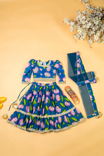 Teal Blue Lotus Chanderi puff Sleeves Lehenga Set For Girls