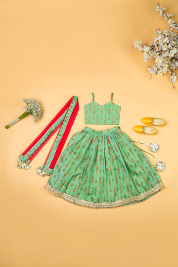 Green Chanderi fiaired Lehenga Set For Girls