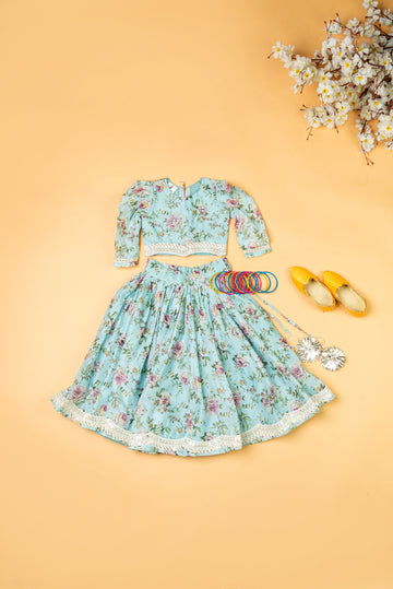Sky Blue Printed Chanderi Lehenga for Girls