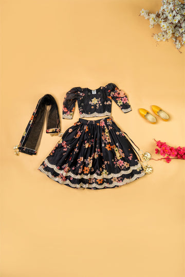 Black Chanderi puff Sleeves Lehenga Set For Girls