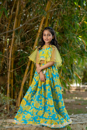 Neon blue & Yellow Lehenga with Cape