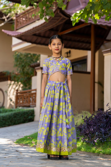 Grey & Neon yellow chanderi Floral Printed Lehenga Set For Girls