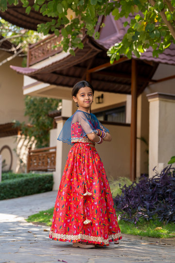 Cherry Red Printed Lehenga with Cape