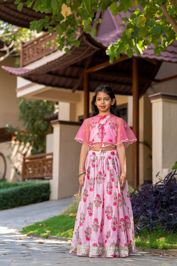 Pink floral Printed Lehenga with Cape