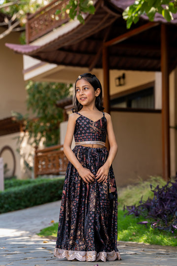 Grey & Black muslin Floral Printed Lehenga Set For Girls