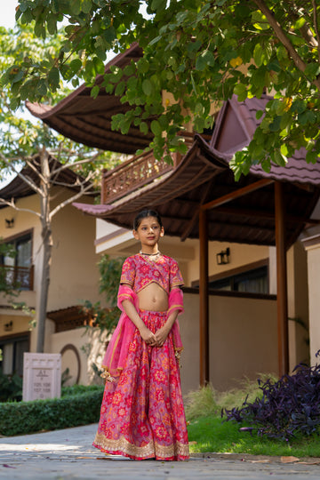 Grey & Black Muslin Floral Printed Lehenga Set For Girls - 2