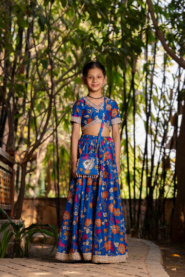 Grey muslin Floral Printed Lehenga Set For Girls - 2