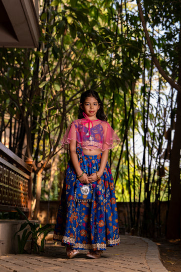 Teal Blue Printed Lehenga set for Girls