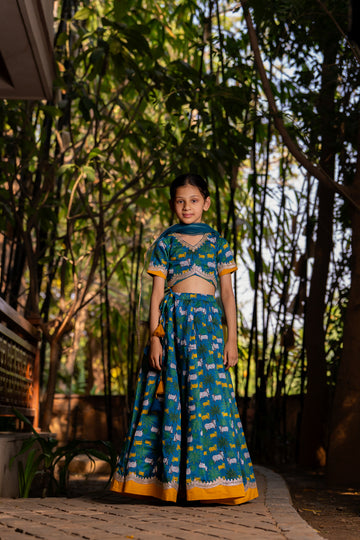 Teal Blue Printed One Shoulder Lehenga set for Girls