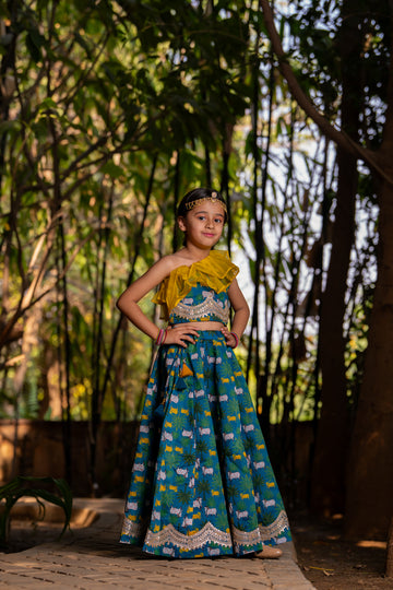 Teal Blue Printed Lehenga set for Girls - 2