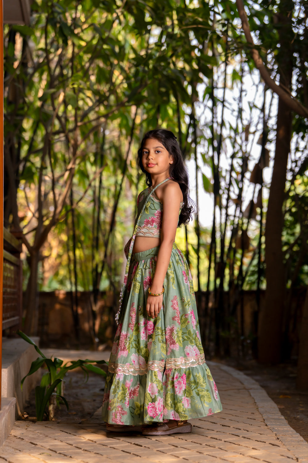 Mint Green Printed Lehenga with Cape