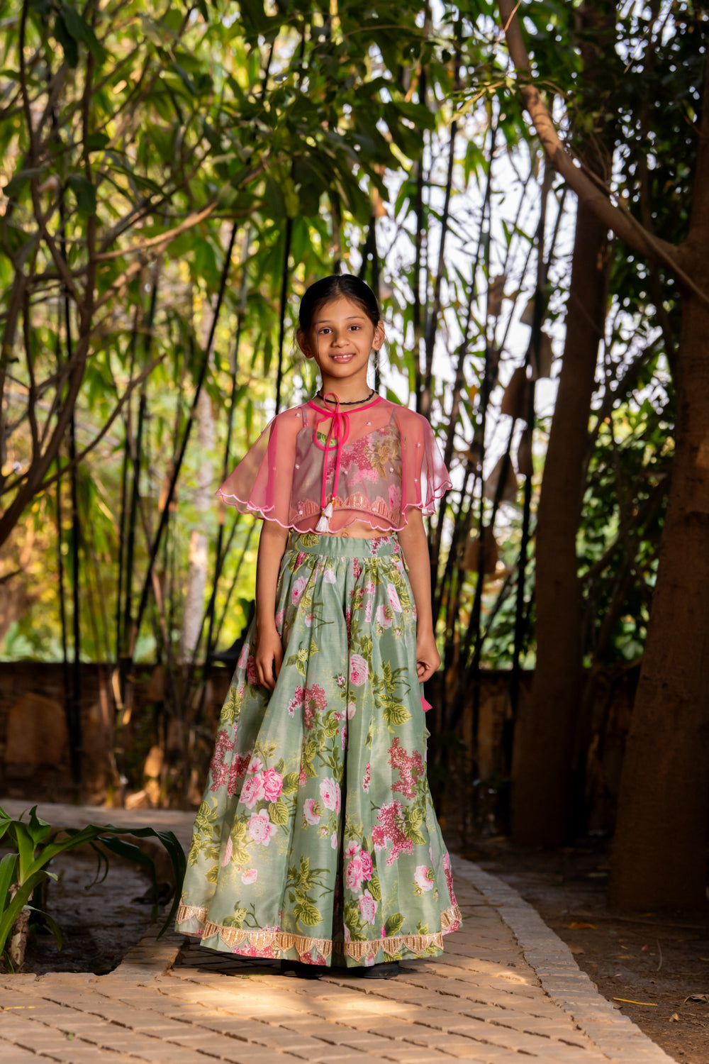 Mint Green Printed One Shoulder Lehenga set for Girls - 2