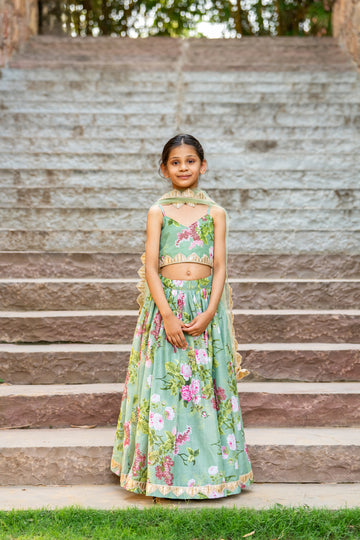 Mint Green Printed Lehenga set for Girls - 2