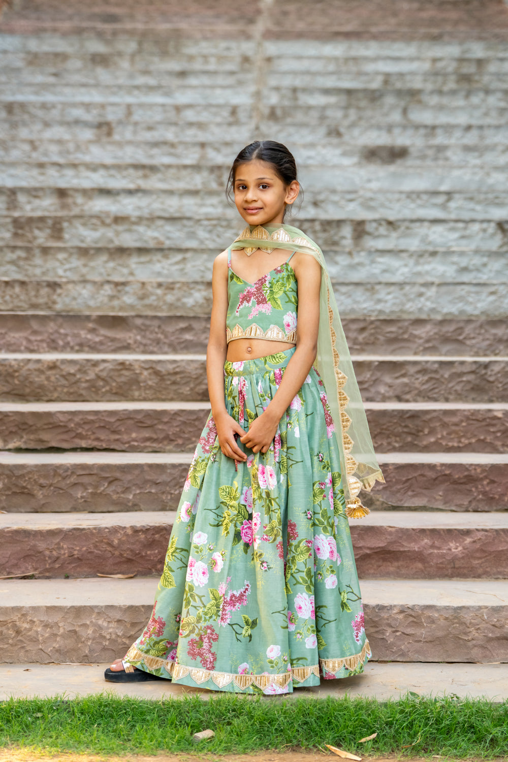 Mint Green Printed Lehenga set for Girls - 2