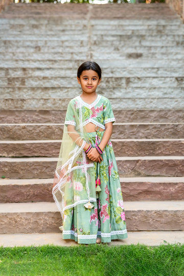 Mustard Yellow Silk Lehenga Set For Girls