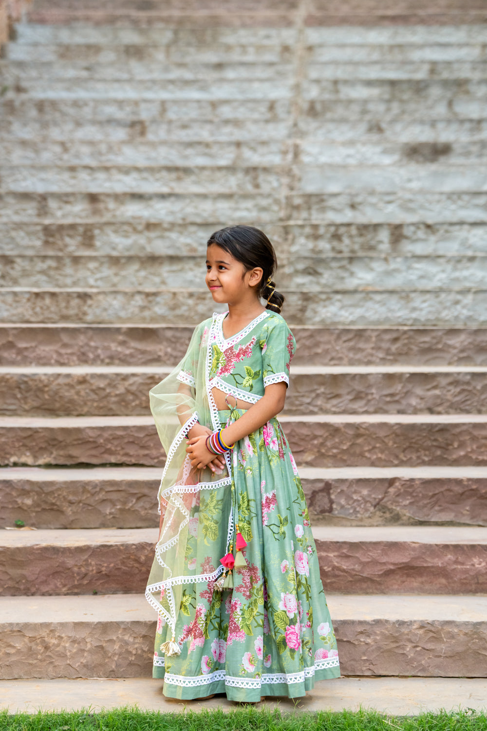 Mustard Yellow Silk Lehenga Set For Girls