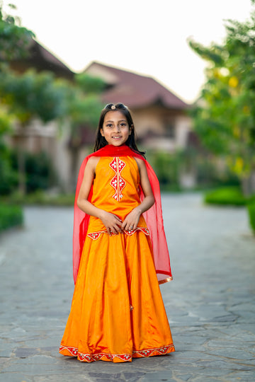 Neon Pink Silk Lehenga Set For Girls